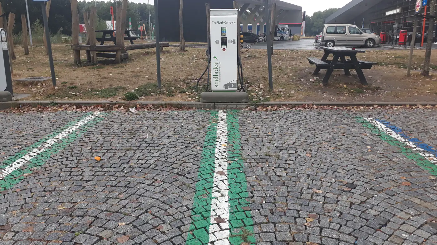 Two public electric vehicle charging points in a marked parking bay